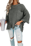 LC2722374-11-S, LC2722374-11-M, LC2722374-11-L, LC2722374-11-XL, LC2722374-11-2XL, Gray Ripped Raw Hem Chunky Pullover Sweater