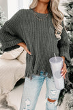 LC2722374-11-S, LC2722374-11-M, LC2722374-11-L, LC2722374-11-XL, LC2722374-11-2XL, Gray Ripped Raw Hem Chunky Pullover Sweater