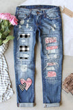 Women's Plaid Heart Print Jeans Ripped Distressed Denim Pants