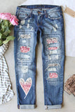 Women's Heart Print Jean Ombre Patch Ripped Distressed Denim Pants