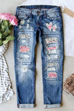 Women's Heart Print Ombre Patch Ripped Jeans Distressed Denim Pants