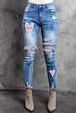 LC7871627-4-S, LC7871627-4-M, LC7871627-4-L, LC7871627-4-XL, LC7871627-4-2XL, Sky Blue Women's Skinny Jeans Patchwork Destroyed Raw Hem Denim Pants