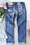 Women's Heart Print Jeans Ripped Patchwork Destroyed Denim Pants
