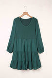 PL61155-9-1X, PL61155-9-2X, PL61155-9-3X, PL61155-9-4X, PL61155-9-5X, Green Plus Size Puff Sleeve Smocked Tiered Dress