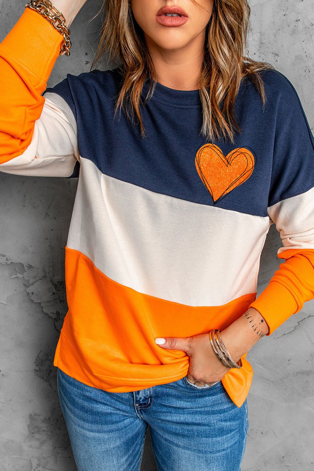 LC25312715-14-S, LC25312715-14-M, LC25312715-14-L, LC25312715-14-XL, LC25312715-14-2XL, Orange Woman's Striped Contrast Stitching Sweatshirt