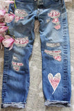 LC7871731-5-S, LC7871731-5-M, LC7871731-5-L, LC7871731-5-XL, LC7871731-5-2XL, Blue Womens Ombre Floral Print Patch Denim Pants Boyfriend Ripped Jeans