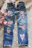 Womens Ombre Floral Print Patch Denim Pants Boyfriend Ripped Jeans