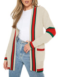 Women's Color Block Striped Cardigan Sweaters Outwear with Pockets