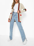 Women's Color Block Striped Cardigan Sweaters Outwear with Pockets