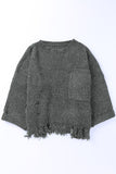 LC2722374-11-S, LC2722374-11-M, LC2722374-11-L, LC2722374-11-XL, LC2722374-11-2XL, Gray Ripped Raw Hem Chunky Pullover Sweater