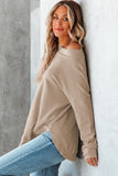 LC25115662-18-S, LC25115662-18-M, LC25115662-18-L, LC25115662-18-XL, LC25115662-18-2XL, Apricot Crew Neck Ribbed Trim Waffle Knit Top