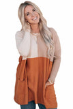 LC25116711-14-S, LC25116711-14-M, LC25116711-14-L, LC25116711-14-XL, LC25116711-14-2XL, Orange Pocketed Color Block Patchwork Long Sleeve Top