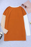 LC25116711-14-S, LC25116711-14-M, LC25116711-14-L, LC25116711-14-XL, LC25116711-14-2XL, Orange Pocketed Color Block Patchwork Long Sleeve Top