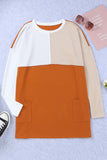 LC25116711-14-S, LC25116711-14-M, LC25116711-14-L, LC25116711-14-XL, LC25116711-14-2XL, Orange Pocketed Color Block Patchwork Long Sleeve Top