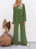LC275002-209-S, LC275002-209-M, LC275002-209-L, LC275002-209-XL, Light green Women's 2 Piece Outfit Sweater Set Long Sleeve Crop Knit Top and Wide Leg Long Pants Sweatsuit