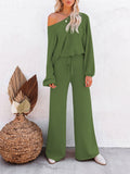LC275002-209-S, LC275002-209-M, LC275002-209-L, LC275002-209-XL, Light green Women's 2 Piece Outfit Sweater Set Long Sleeve Crop Knit Top and Wide Leg Long Pants Sweatsuit