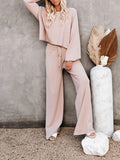 LC275002-18-S, LC275002-18-M, LC275002-18-L, LC275002-18-XL, Apricot Women's 2 Piece Outfit Sweater Set Long Sleeve Crop Knit Top and Wide Leg Long Pants Sweatsuit
