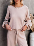 LC275002-18-S, LC275002-18-M, LC275002-18-L, LC275002-18-XL, Apricot Women's 2 Piece Outfit Sweater Set Long Sleeve Crop Knit Top and Wide Leg Long Pants Sweatsuit