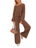 LC275002-17-S, LC275002-17-M, LC275002-17-L, LC275002-17-XL, Brown Women's 2 Piece Outfit Sweater Set Long Sleeve Crop Knit Top and Wide Leg Long Pants Sweatsuit