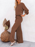 LC275002-17-S, LC275002-17-M, LC275002-17-L, LC275002-17-XL, Brown Women's 2 Piece Outfit Sweater Set Long Sleeve Crop Knit Top and Wide Leg Long Pants Sweatsuit