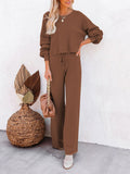 LC275002-17-S, LC275002-17-M, LC275002-17-L, LC275002-17-XL, Brown Women's 2 Piece Outfit Sweater Set Long Sleeve Crop Knit Top and Wide Leg Long Pants Sweatsuit