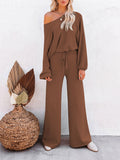 LC275002-17-S, LC275002-17-M, LC275002-17-L, LC275002-17-XL, Brown Women's 2 Piece Outfit Sweater Set Long Sleeve Crop Knit Top and Wide Leg Long Pants Sweatsuit