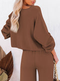 LC275002-17-S, LC275002-17-M, LC275002-17-L, LC275002-17-XL, Brown Women's 2 Piece Outfit Sweater Set Long Sleeve Crop Knit Top and Wide Leg Long Pants Sweatsuit