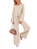 LC275002-15-S, LC275002-15-M, LC275002-15-L, LC275002-15-XL, Beige Women's 2 Piece Outfit Sweater Set Long Sleeve Crop Knit Top and Wide Leg Long Pants Sweatsuit