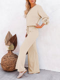 LC275002-15-S, LC275002-15-M, LC275002-15-L, LC275002-15-XL, Beige Women's 2 Piece Outfit Sweater Set Long Sleeve Crop Knit Top and Wide Leg Long Pants Sweatsuit