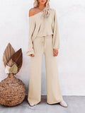 LC275002-15-S, LC275002-15-M, LC275002-15-L, LC275002-15-XL, Beige Women's 2 Piece Outfit Sweater Set Long Sleeve Crop Knit Top and Wide Leg Long Pants Sweatsuit