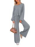 LC275002-11-S, LC275002-11-M, LC275002-11-L, LC275002-11-XL, Grey Women's 2 Piece Outfit Sweater Set Long Sleeve Crop Knit Top and Wide Leg Long Pants Sweatsuit