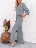 LC275002-11-S, LC275002-11-M, LC275002-11-L, LC275002-11-XL, Grey Women's 2 Piece Outfit Sweater Set Long Sleeve Crop Knit Top and Wide Leg Long Pants Sweatsuit