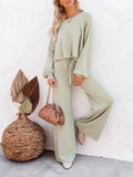 LC275002-9-S, LC275002-9-M, LC275002-9-L, LC275002-9-XL, Green Women's 2 Piece Outfit Sweater Set Long Sleeve Crop Knit Top and Wide Leg Long Pants Sweatsuit