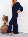 LC275002-5-S, LC275002-5-M, LC275002-5-L, LC275002-5-XL, Blue Women's 2 Piece Outfit Sweater Set Long Sleeve Crop Knit Top and Wide Leg Long Pants Sweatsuit