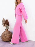 LC275002-6-S, LC275002-6-M, LC275002-6-L, LC275002-6-XL, Rose Red Women's 2 Piece Outfit Sweater Set Long Sleeve Crop Knit Top and Wide Leg Long Pants Sweatsuit