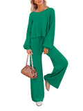LC275002-109-S, LC275002-109-M, LC275002-109-L, LC275002-109-XL, Green Women's 2 Piece Outfit Sweater Set Long Sleeve Crop Knit Top and Wide Leg Long Pants Sweatsuit
