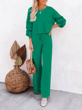 LC275002-109-S, LC275002-109-M, LC275002-109-L, LC275002-109-XL, Green Women's 2 Piece Outfit Sweater Set Long Sleeve Crop Knit Top and Wide Leg Long Pants Sweatsuit
