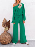 LC275002-109-S, LC275002-109-M, LC275002-109-L, LC275002-109-XL, Green Women's 2 Piece Outfit Sweater Set Long Sleeve Crop Knit Top and Wide Leg Long Pants Sweatsuit