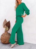 LC275002-109-S, LC275002-109-M, LC275002-109-L, LC275002-109-XL, Green Women's 2 Piece Outfit Sweater Set Long Sleeve Crop Knit Top and Wide Leg Long Pants Sweatsuit