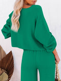 LC275002-109-S, LC275002-109-M, LC275002-109-L, LC275002-109-XL, Green Women's 2 Piece Outfit Sweater Set Long Sleeve Crop Knit Top and Wide Leg Long Pants Sweatsuit