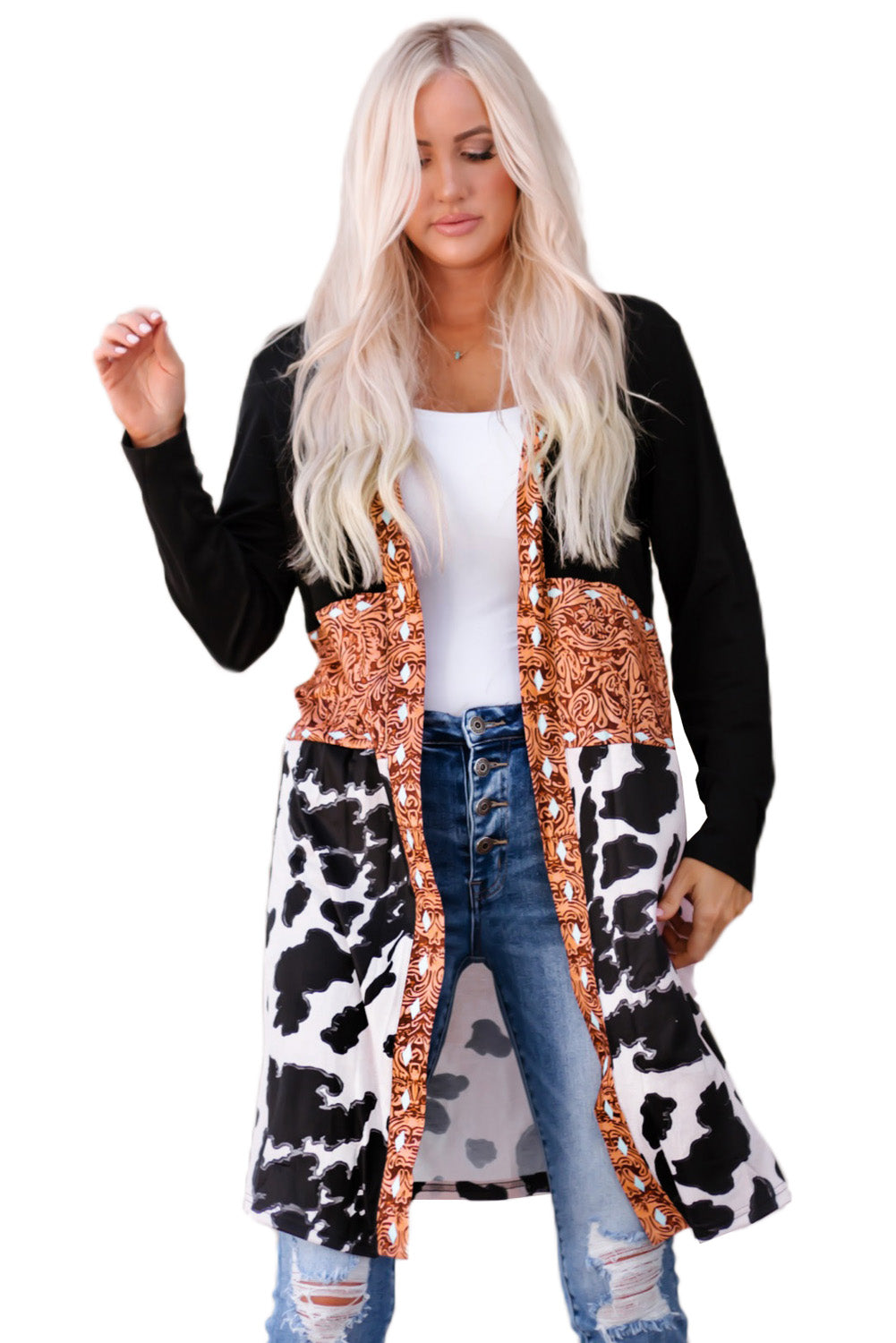 LC2541430-2-S, LC2541430-2-M, LC2541430-2-L, LC2541430-2-XL, LC2541430-2-2XL, Black Western Pattern Cow Patchwork Open Front Cardigan