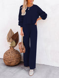 LC275002-5-S, LC275002-5-M, LC275002-5-L, LC275002-5-XL, Blue Women's 2 Piece Outfit Sweater Set Long Sleeve Crop Knit Top and Wide Leg Long Pants Sweatsuit