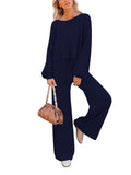 LC275002-5-S, LC275002-5-M, LC275002-5-L, LC275002-5-XL, Blue Women's 2 Piece Outfit Sweater Set Long Sleeve Crop Knit Top and Wide Leg Long Pants Sweatsuit