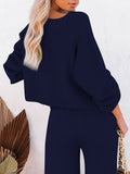 LC275002-5-S, LC275002-5-M, LC275002-5-L, LC275002-5-XL, Blue Women's 2 Piece Outfit Sweater Set Long Sleeve Crop Knit Top and Wide Leg Long Pants Sweatsuit