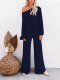 LC275002-5-S, LC275002-5-M, LC275002-5-L, LC275002-5-XL, Blue Women's 2 Piece Outfit Sweater Set Long Sleeve Crop Knit Top and Wide Leg Long Pants Sweatsuit