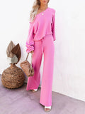 LC275002-6-S, LC275002-6-M, LC275002-6-L, LC275002-6-XL, Rose Red Women's 2 Piece Outfit Sweater Set Long Sleeve Crop Knit Top and Wide Leg Long Pants Sweatsuit