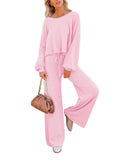 LC275002-10-S, LC275002-10-M, LC275002-10-L, LC275002-10-XL, Pink Women's 2 Piece Outfit Sweater Set Long Sleeve Crop Knit Top and Wide Leg Long Pants Sweatsuit