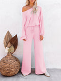 LC275002-10-S, LC275002-10-M, LC275002-10-L, LC275002-10-XL, Pink Women's 2 Piece Outfit Sweater Set Long Sleeve Crop Knit Top and Wide Leg Long Pants Sweatsuit