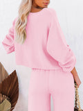 LC275002-10-S, LC275002-10-M, LC275002-10-L, LC275002-10-XL, Pink Women's 2 Piece Outfit Sweater Set Long Sleeve Crop Knit Top and Wide Leg Long Pants Sweatsuit