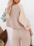 LC275002-1016-S, LC275002-1016-M, LC275002-1016-L, LC275002-1016-XL, Khaki Women's 2 Piece Outfit Sweater Set Long Sleeve Crop Knit Top and Wide Leg Long Pants Sweatsuit